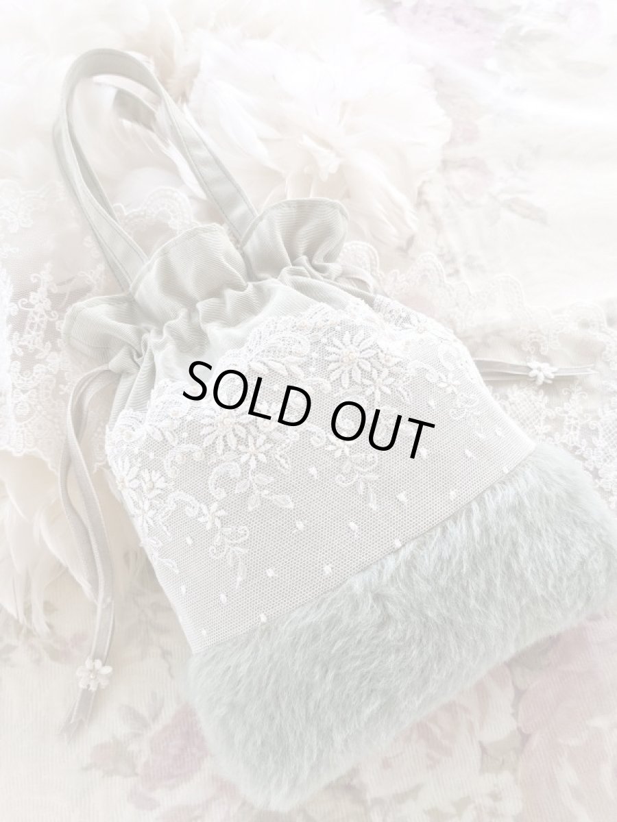 画像1: ドイツモヘアのキラキラフワフワ巾着バッグ完成品 A　 (akiko) (1)