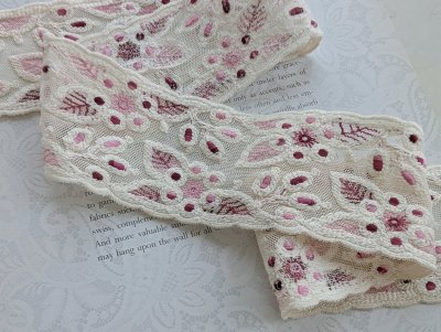 画像2: フランス製 刺繍チュールレース(生成り×淡サーモンピンク)30cm 単位