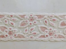 画像2: フランス製 刺繍チュールレース（生成り×濃いローズピンク）30cm　単位 (2)
